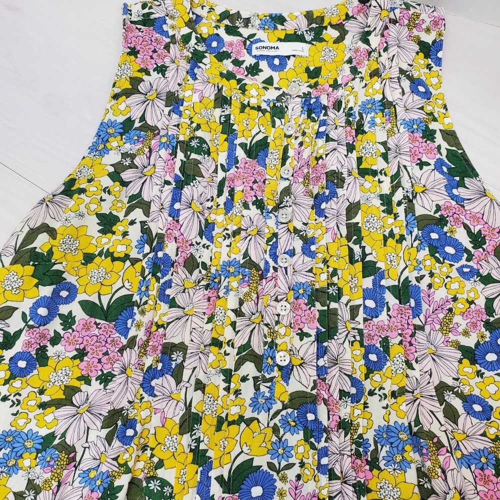 Sonoma Goods For Life Women L Floral Pintuck Sleeveless Linen Blend Dress Hippie